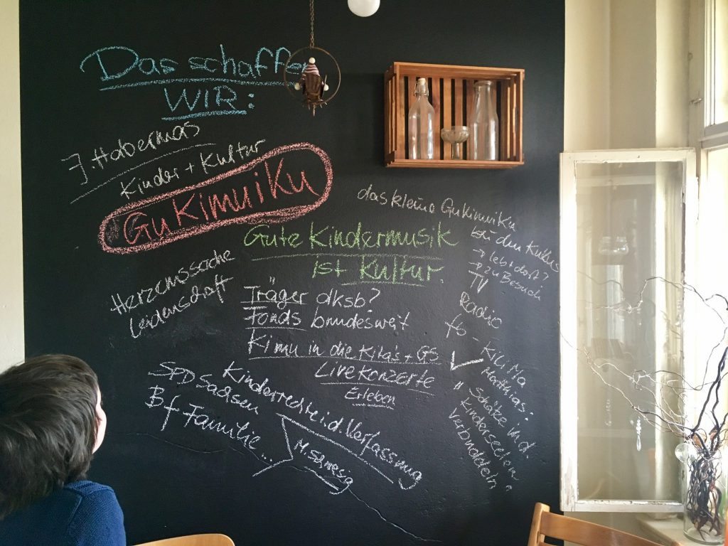 Brainstorming an der Küchenwand für das Projekt "GuKiMuiKu - Gute Kindermusik ist Kultur"